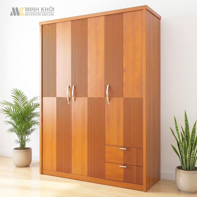 Tủ Quần Áo 3 Cánh Màu Gỗ Xoan Đào Có Hộc Kéo - TA648