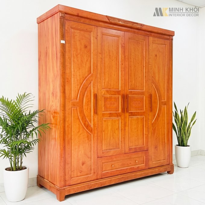Tủ Quần Áo 4 Cánh Chạm Khắc Đồng Tiền - TA225