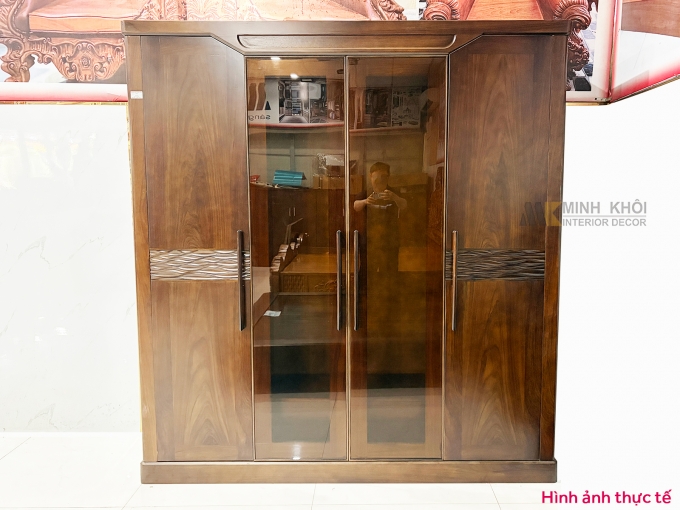 Tủ Quần Áo 4 Cánh Gỗ Sồi Phủ Màu Óc Chó Cửa Kính – TA861