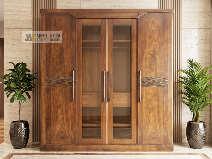 Tủ Quần Áo 4 Cánh Gỗ Sồi Phủ Óc Chó Cửa Kính – TA861