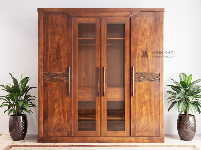 Tủ Quần Áo 4 Cánh Gỗ Sồi Phủ Óc Chó Cửa Kính – TA861