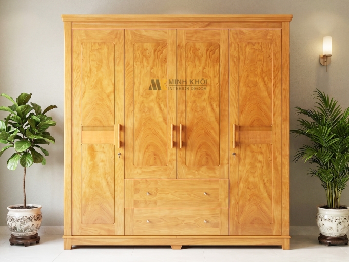 Tủ Quần Áo 4 Cánh Phủ Gỗ Gõ Đỏ Hiện Đại – TA937