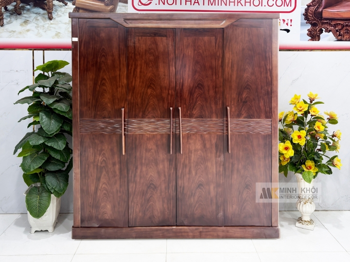 Tủ Quần Áo 4 Cánh Sóng Gỗ Sồi Phủ Óc Chó - TA928