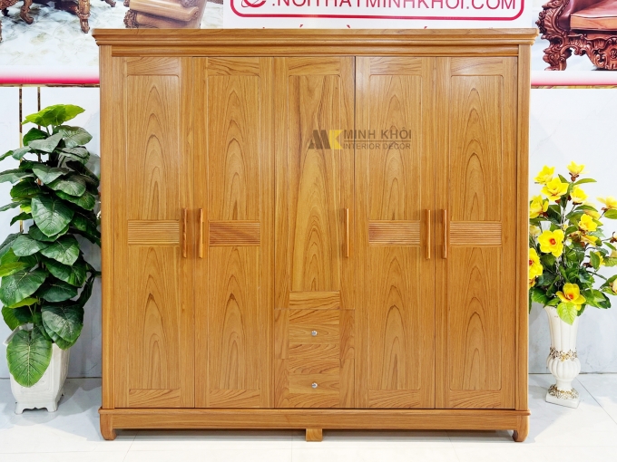 Tủ Quần Áo 5 Cánh Phủ Gỗ Gõ Đỏ Hiện Đại - TA927