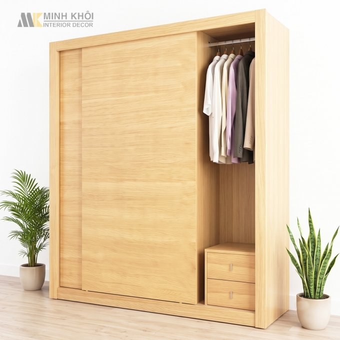 Tủ Quần Áo Cánh Lùa Gỗ Công Nghiệp Màu Vàng Sồi Đẹp - TA034