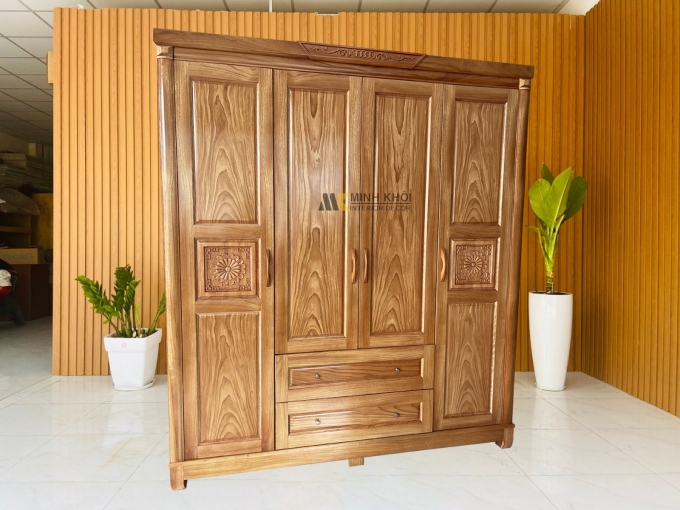 Tủ Quần Áo Gỗ Gõ Đỏ 4 Cánh 2 Hộc Kéo – TA317