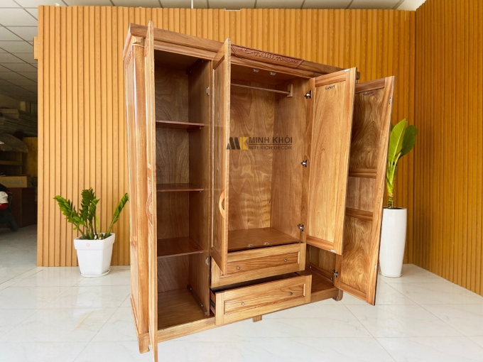 Tủ Quần Áo Gỗ Gõ Đỏ 4 Cánh 2 Hộc Kéo – TA317