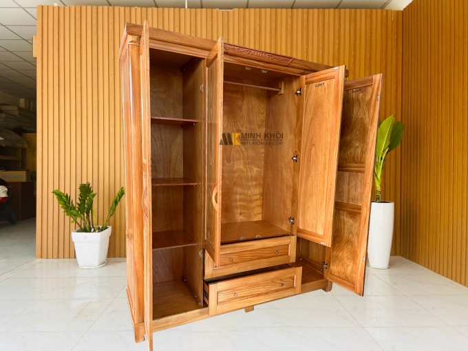 Tủ Quần Áo Gỗ Gõ Đỏ 4 Cánh 2 Hộc Kéo – TA317