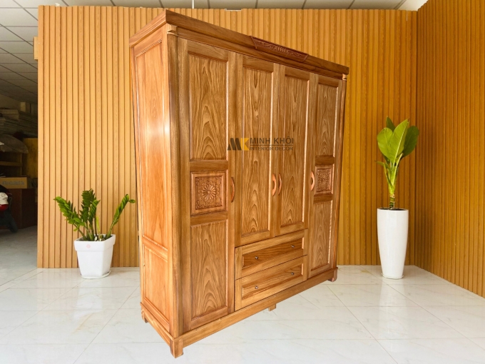 Tủ Quần Áo Gỗ Gõ Đỏ 4 Cánh 2 Hộc Kéo – TA317