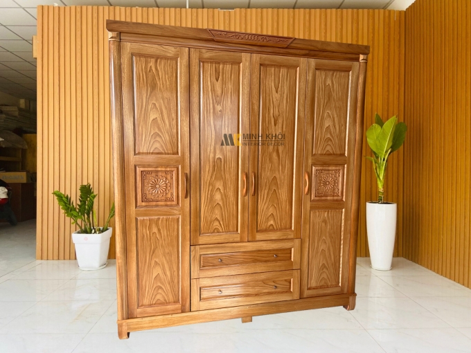 Tủ Quần Áo Gỗ Gõ Đỏ 4 Cánh 2 Hộc Kéo – TA317