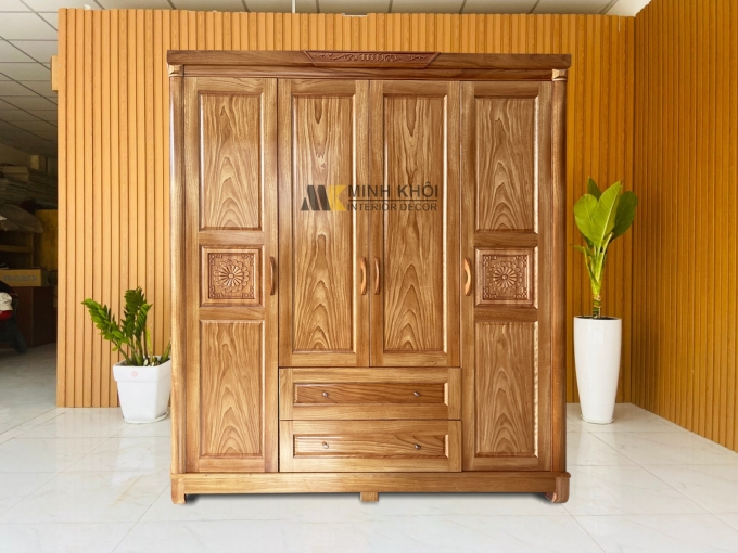 Tủ Quần Áo Gỗ Gõ Đỏ 4 Cánh 2 Hộc Kéo – TA317