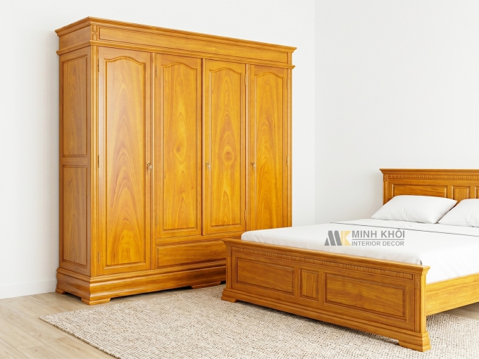Tủ Quần Áo Gỗ Gõ Đỏ 4 Cánh Cao Cấp - TA228