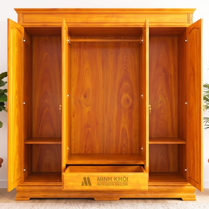 Tủ Quần Áo Gỗ Gõ Đỏ 4 Cánh Cao Cấp - TA228