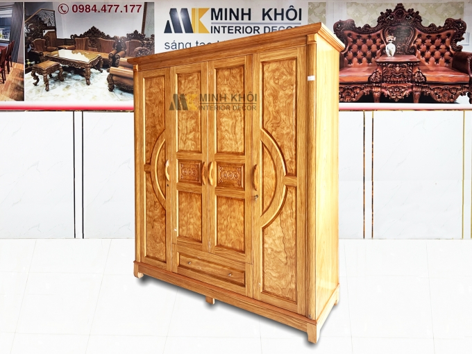 Tủ Quần Áo Gỗ Gõ Đỏ 4 Cánh Hiện Đại - TA941