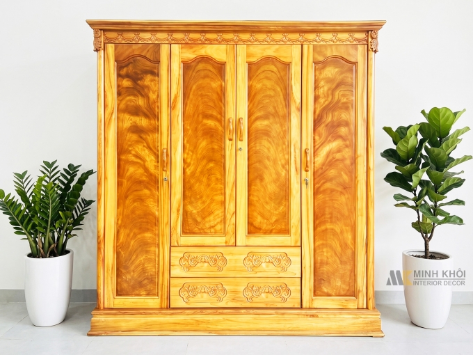Tủ Quần Áo Gỗ Gõ Đỏ 4 Cánh Hiện Đại - TA947