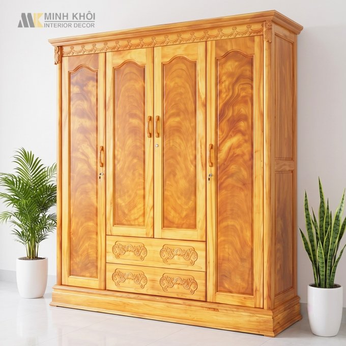 Tủ Quần Áo Gỗ Gõ Đỏ 4 Cánh Hiện Đại - TA947