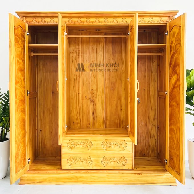 Tủ Quần Áo Gỗ Gõ Đỏ 4 Cánh Hiện Đại - TA947