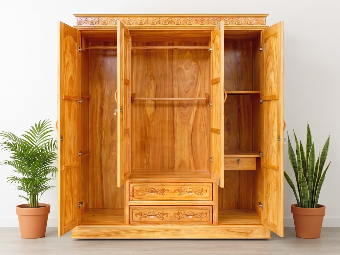 Tủ Quần Áo Gỗ Gõ Đỏ 4 Cánh Tân Cổ Điển - TA229