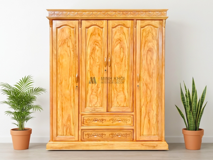 Tủ Quần Áo Gỗ Gõ Đỏ 4 Cánh Tân Cổ Điển - TA229