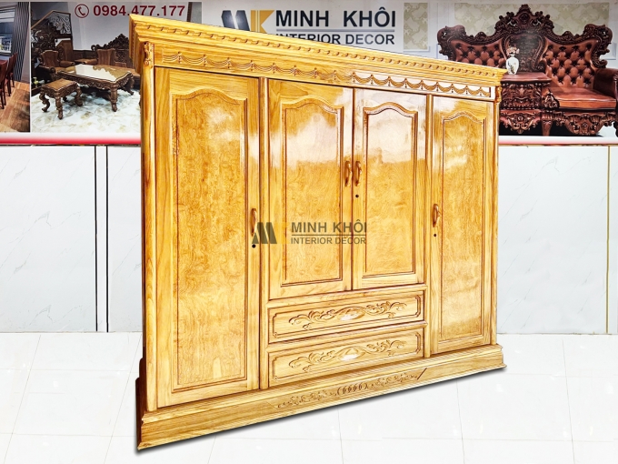 Tủ Quần Áo Gỗ Gõ Đỏ 4 Cánh Tân Cổ Điển - TA939