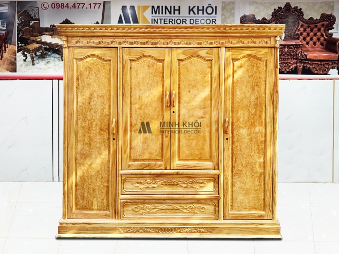 Tủ Quần Áo Gỗ Gõ Đỏ 4 Cánh Tân Cổ Điển - TA939