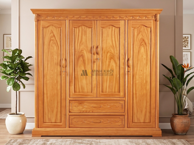 Tủ Quần Áo Gỗ Gõ Đỏ 4 Cánh Tân Cổ Điển - TA939