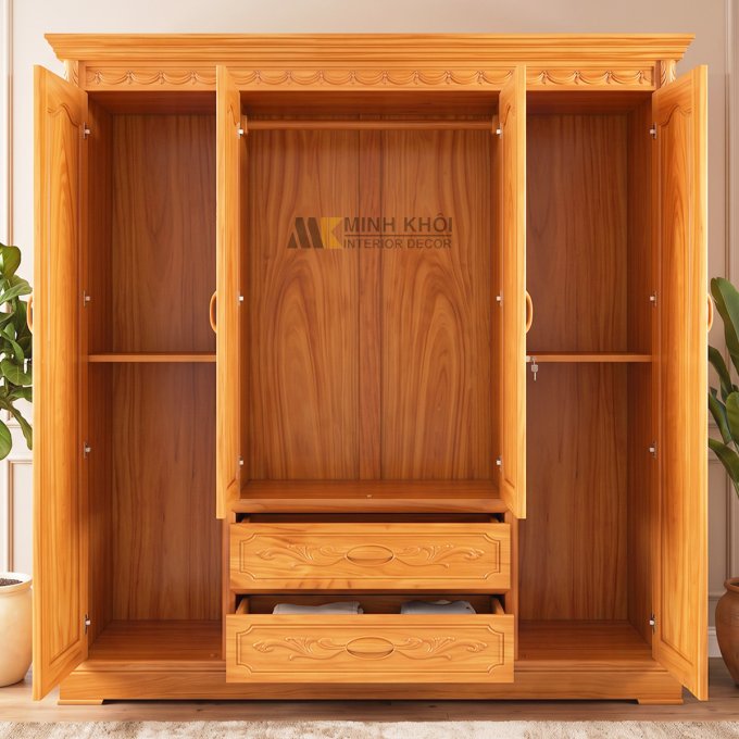 Tủ Quần Áo Gỗ Gõ Đỏ 4 Cánh Tân Cổ Điển - TA939