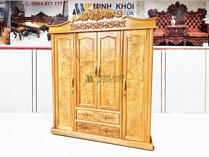 Tủ Quần Áo Gỗ Gõ Đỏ 4 Cánh Tân Cổ Điển - TA942
