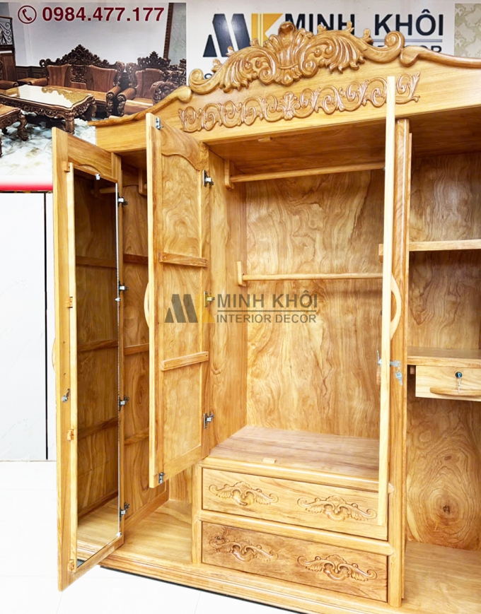 Tủ Quần Áo Gỗ Gõ Đỏ 4 Cánh Tân Cổ Điển - TA942