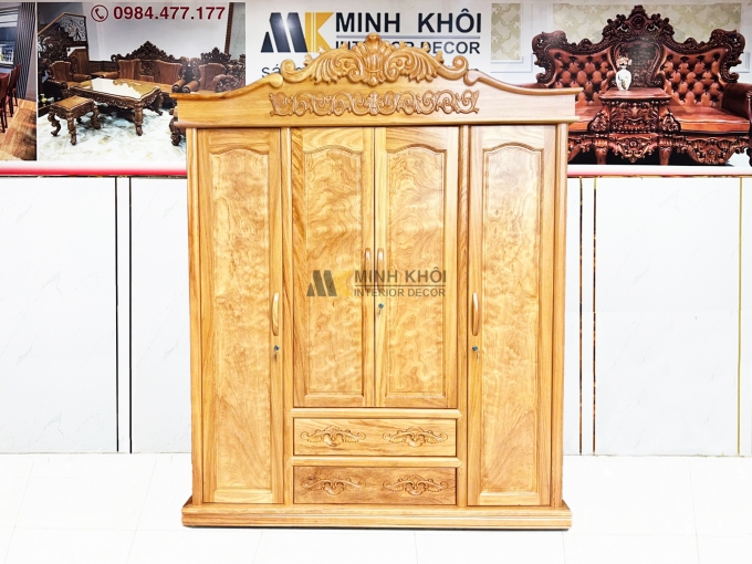 Tủ Quần Áo Gỗ Gõ Đỏ 4 Cánh Tân Cổ Điển - TA942