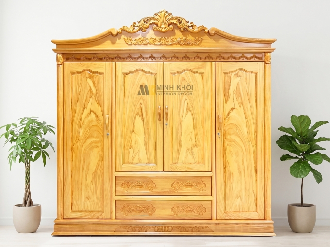 Tủ Quần Áo Gỗ Gõ Đỏ 4 Cánh Tân Cổ Điển - TA942