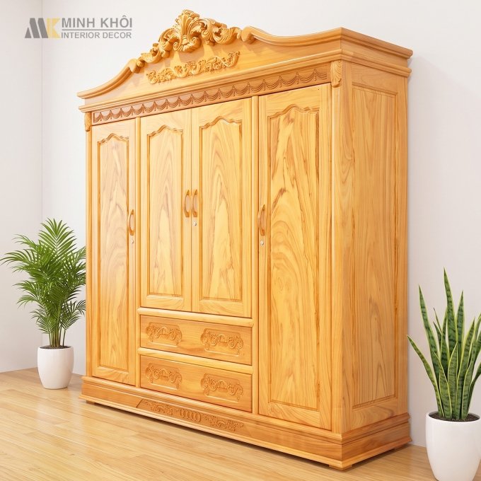 Tủ Quần Áo Gỗ Gõ Đỏ 4 Cánh Tân Cổ Điển - TA942