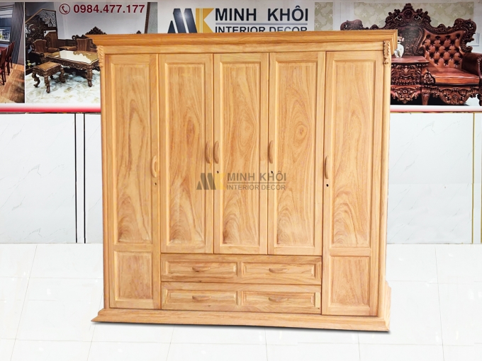 Tủ Quần Áo Gỗ Gõ Đỏ 5 Cánh Cao Cấp – TA944
