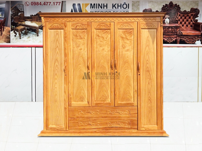 Tủ Quần Áo Gỗ Gõ Đỏ 5 Cánh Cao Cấp – TA945
