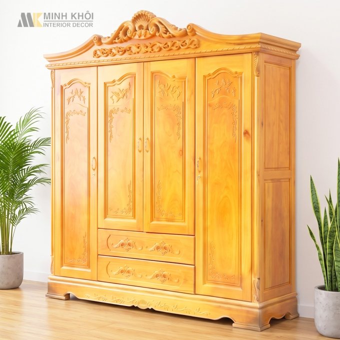 Tủ Quần Áo Gỗ Gõ Đỏ Chạm Trổ Hoa Văn Sang Trọng - TA084