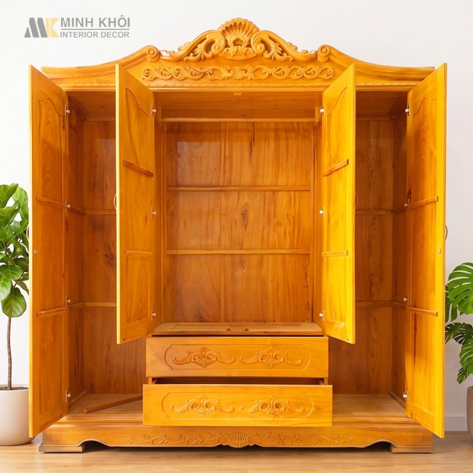 Tủ Quần Áo Gỗ Gõ Đỏ Chạm Trổ Hoa Văn Sang Trọng - TA084