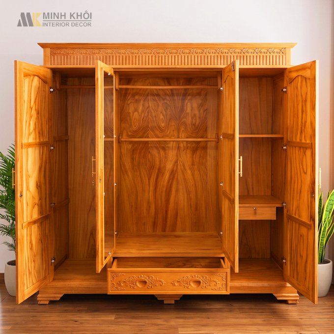 Tủ Quần Áo Gỗ Gõ Đỏ Cổ Điển Cao Cấp - TA977
