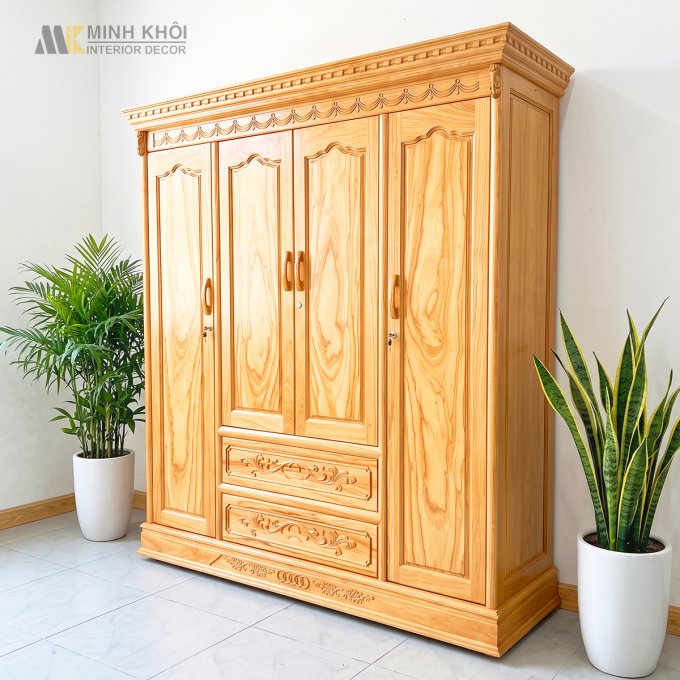 Tủ Quần Áo Gỗ Gõ Đỏ Tân Cổ Điển 4 Cánh - TA224