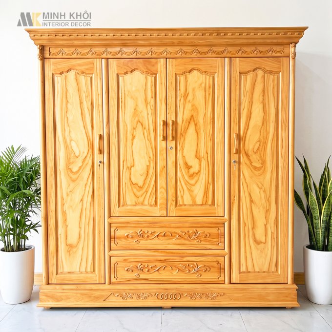Tủ Quần Áo Gỗ Gõ Đỏ Tân Cổ Điển 4 Cánh - TA224