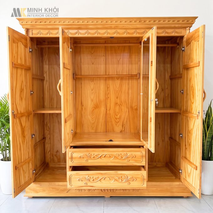 Tủ Quần Áo Gỗ Gõ Đỏ Tân Cổ Điển 4 Cánh - TA224