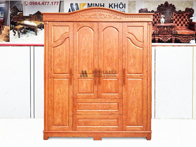 Tủ Quần Áo Gỗ Hương Đá 4 Cánh Tân Cổ Điển - TA943
