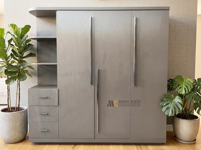 Tủ Quần Áo Gỗ MDF 3 Cánh Màu Xám Có Kệ Góc - TA676