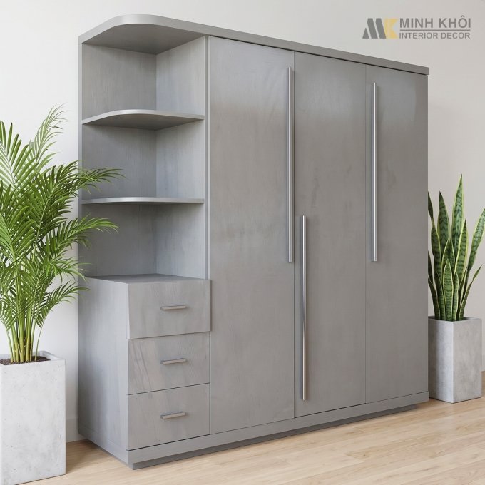 Tủ Quần Áo Gỗ MDF 3 Cánh Màu Xám Có Kệ Góc - TA676