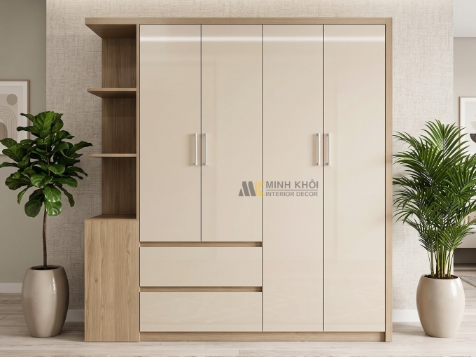 Tủ Quần Áo Gỗ MDF 4 Cánh Có Kệ Trang Trí - TA675