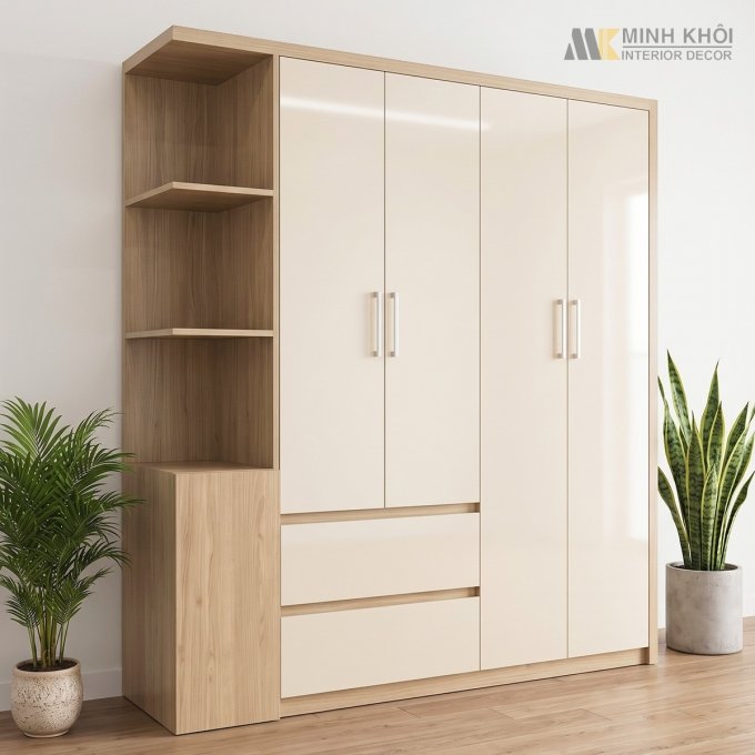 Tủ Quần Áo Gỗ MDF 4 Cánh Có Kệ Trang Trí - TA675