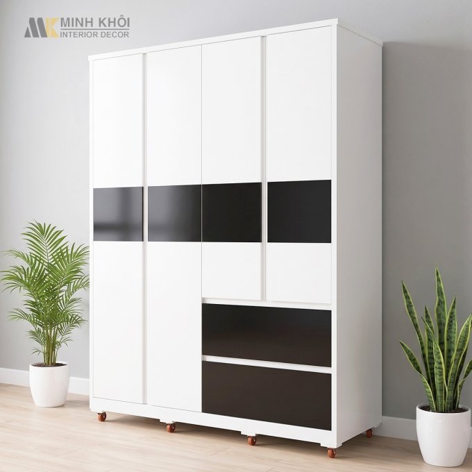 Tủ Quần Áo Gỗ MDF Màu Trắng Chỉ Đen - TA670