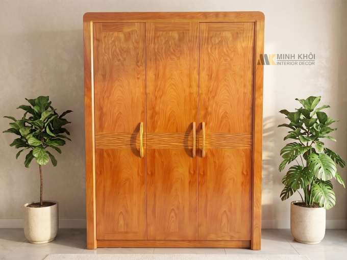 Tủ Quần Áo Gỗ Phủ Gõ Đỏ 3 Cánh Sóng - TA916