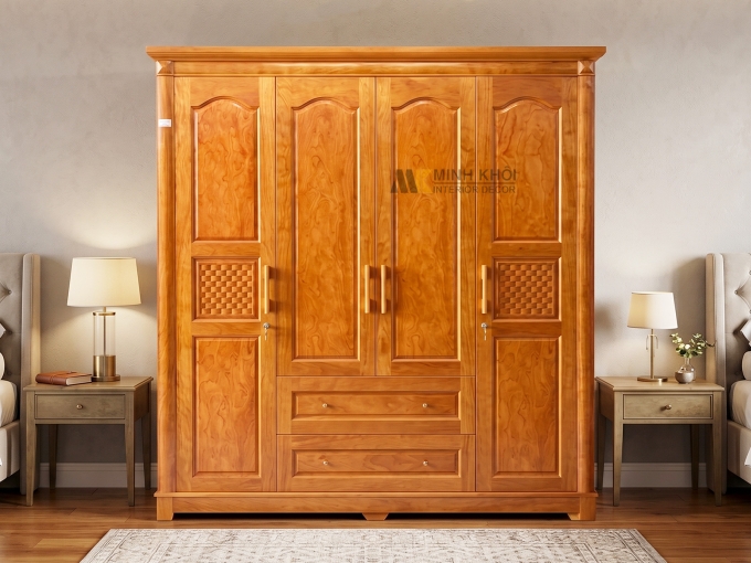 Tủ Quần Áo Gỗ Phủ Gõ Đỏ 4 Cánh - TA923