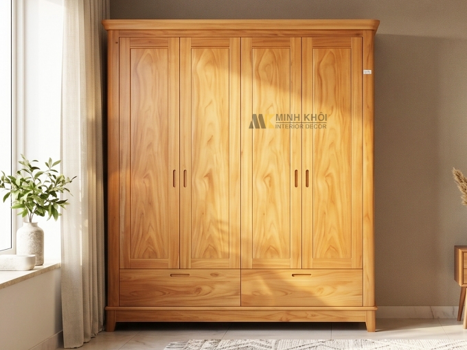 Tủ Quần Áo Gỗ Phủ Gõ Đỏ 4 Cánh Hiện Đại - TA925