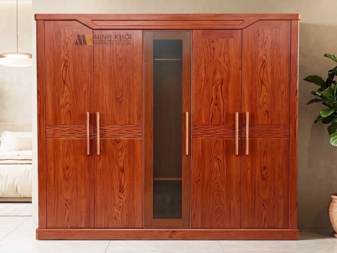 Tủ Quần Áo Gỗ Phủ Hương Đá 5 Cánh Sóng Kính - TA227